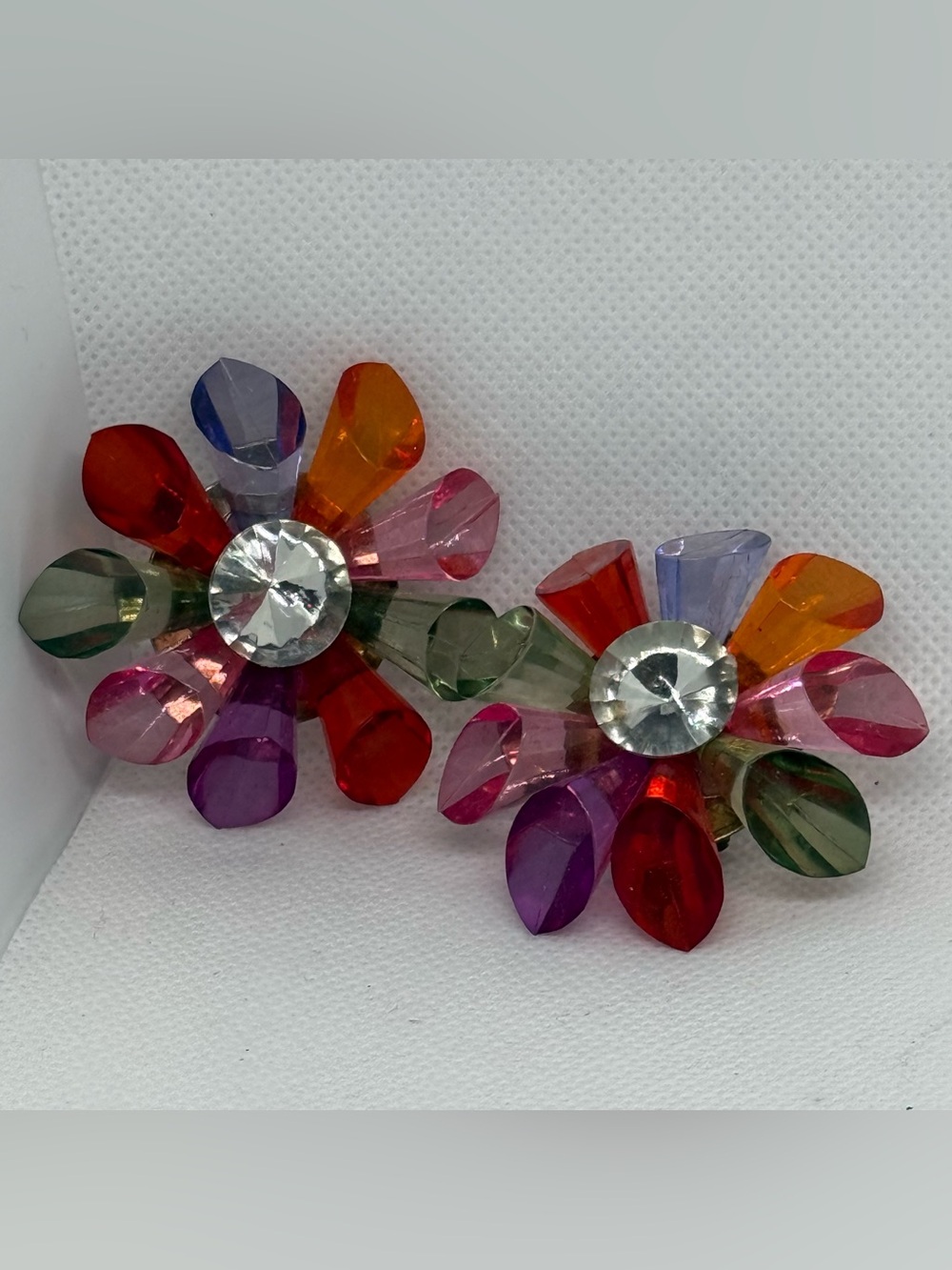 Vintage Large Multicolor Clip On Earrings 1960’s -Flower Design- Multi Colors